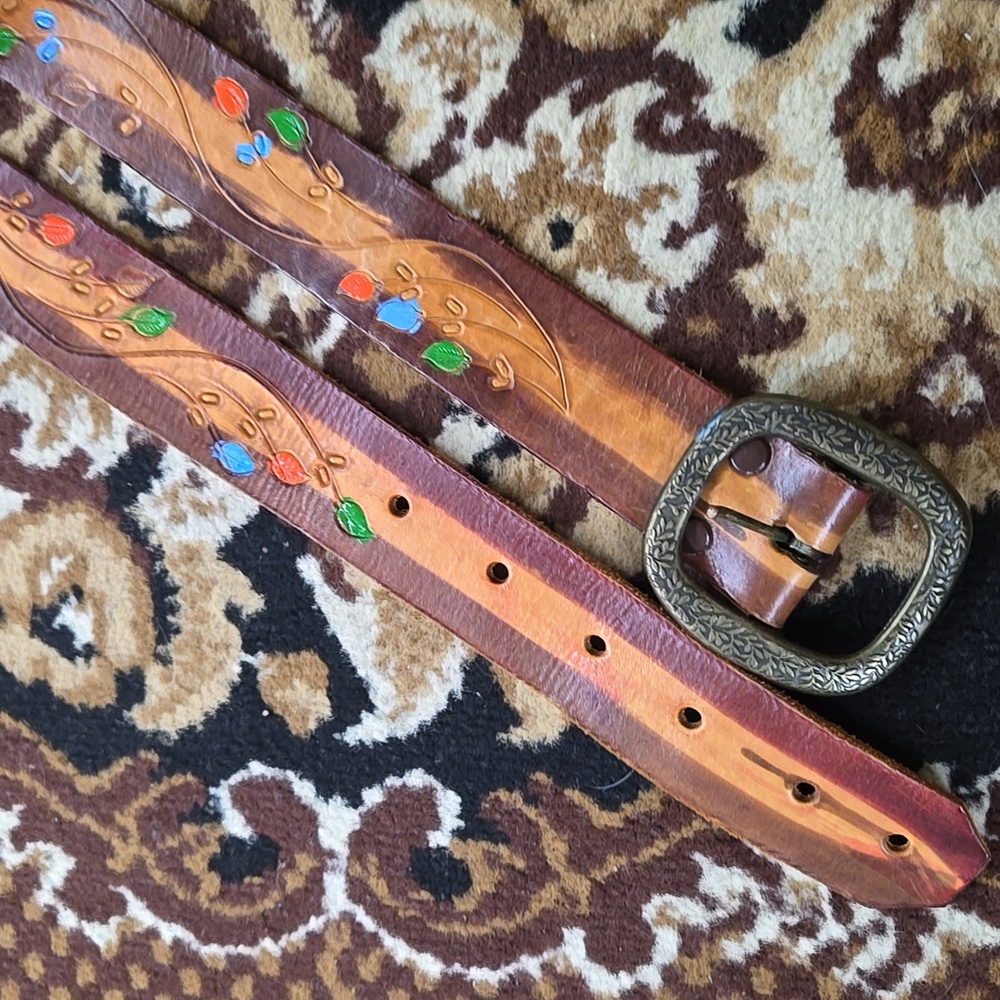 Painted Leather Belt Chunky Brass Buckle Botanical Hippie Boho Bohemian 70s 90s